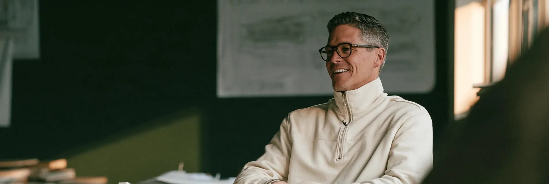 Smiling man in glasses and a cream zip sweater seated in a studio with plans pinned behind him
