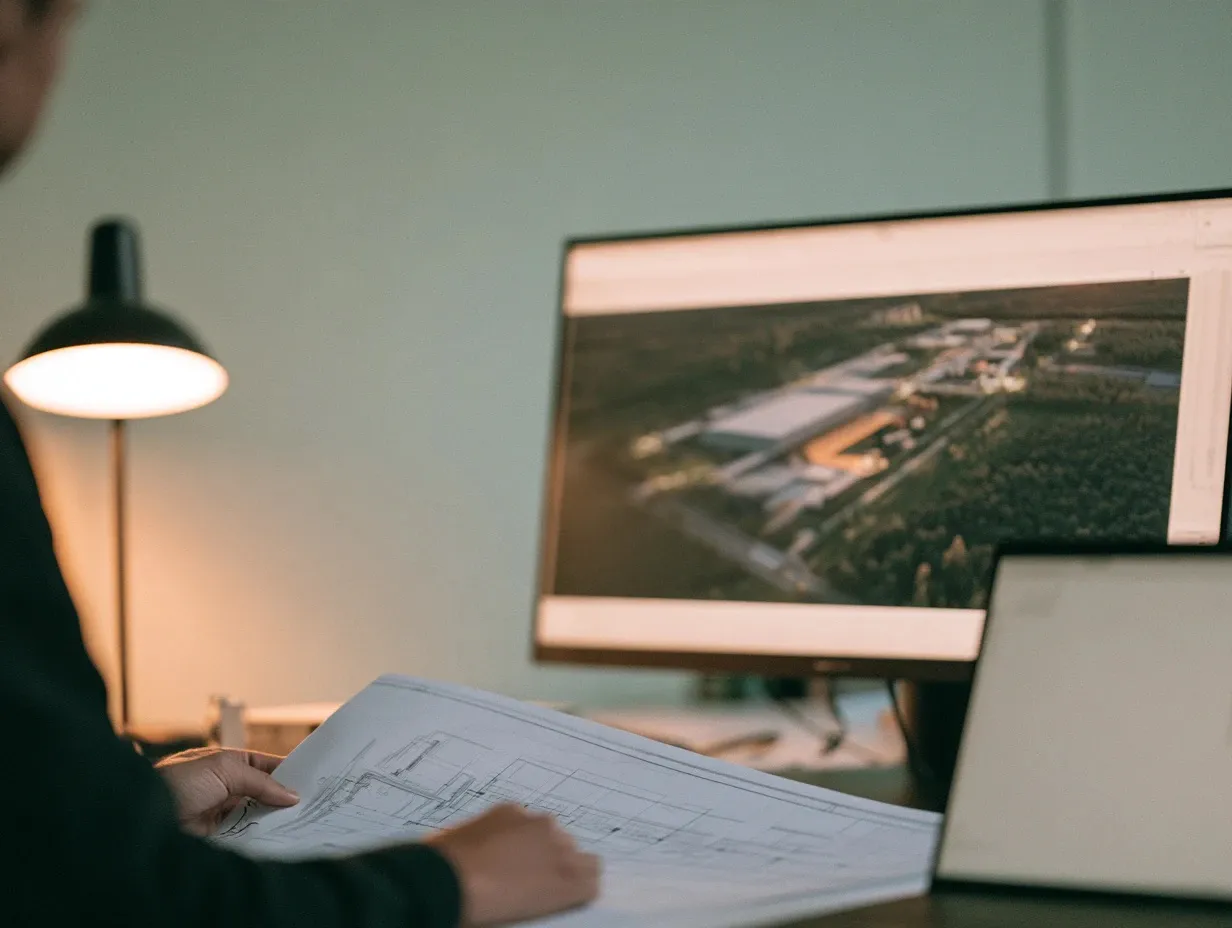 Person at a desk reviewing an aerial rendering of an industrial park on a monitor, with printed plans in hand