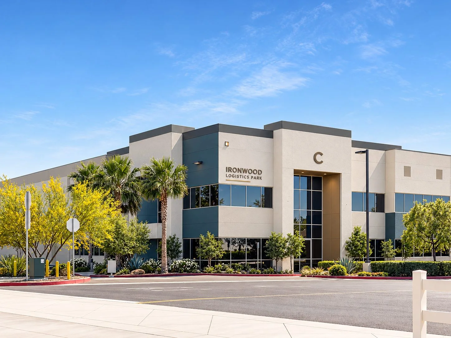Rendering of the Ironwood Logistics Park Building C entrance with palm trees and landscaping