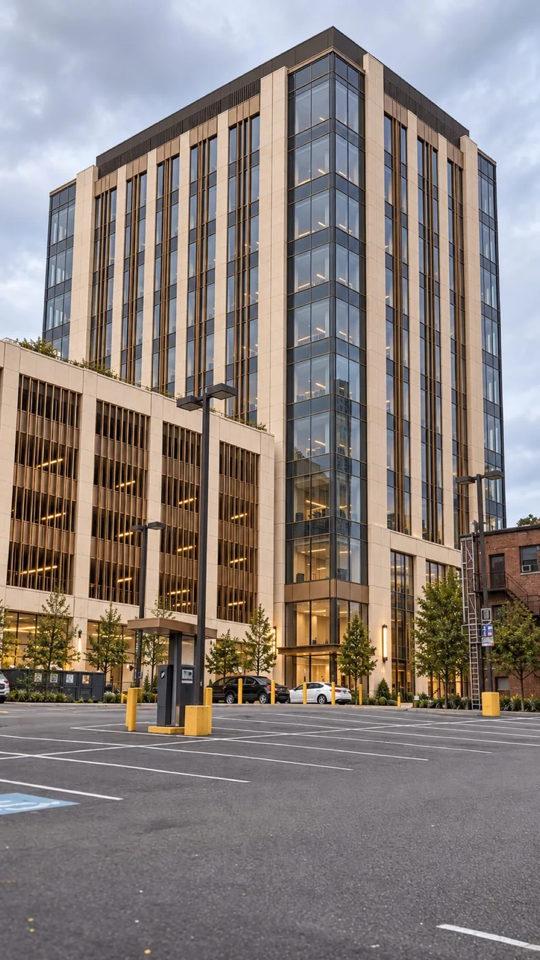Rendering of a tall office tower beside a parking lot on a clear day