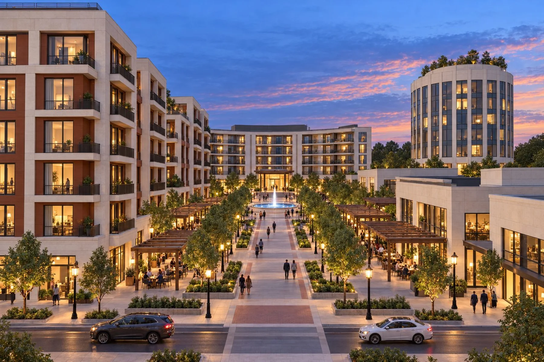 Rendering of a mixed use office district at dusk with a pedestrian promenade, shops and lit windows