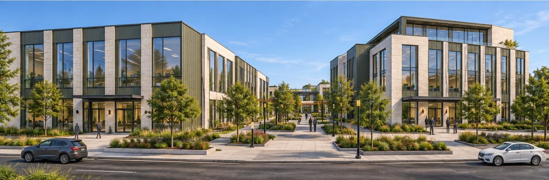 Rendering of two modern office buildings along a landscaped street with parked cars