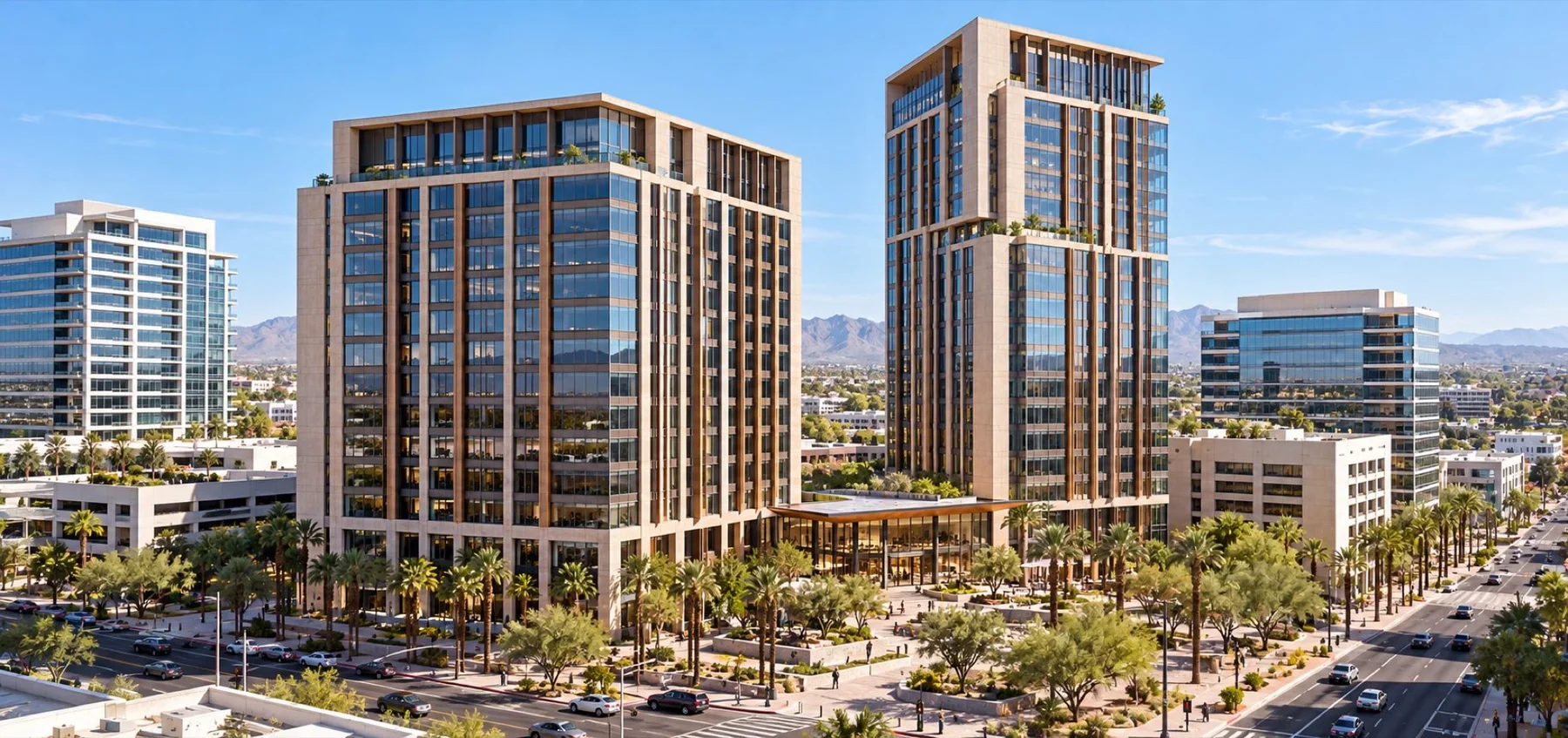 Detailed rendering of the same office towers with landscaping and a city skyline