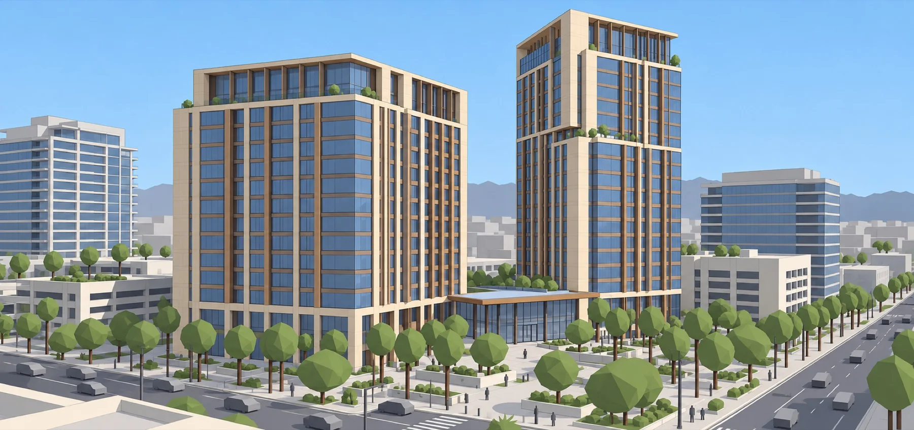 Flat, basic rendering of two office towers with simple trees