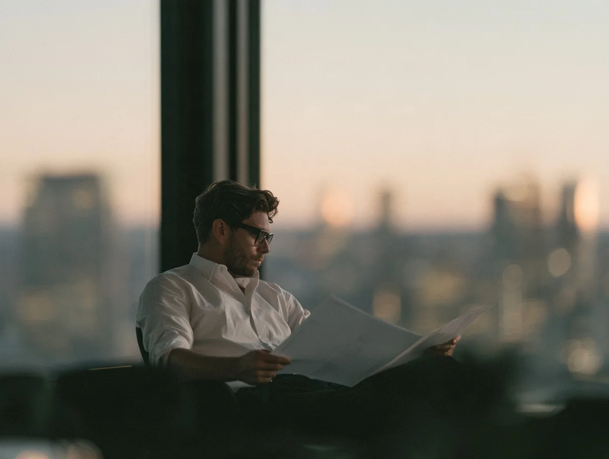 Man reviewing printed pages by a window with a city view at sunset