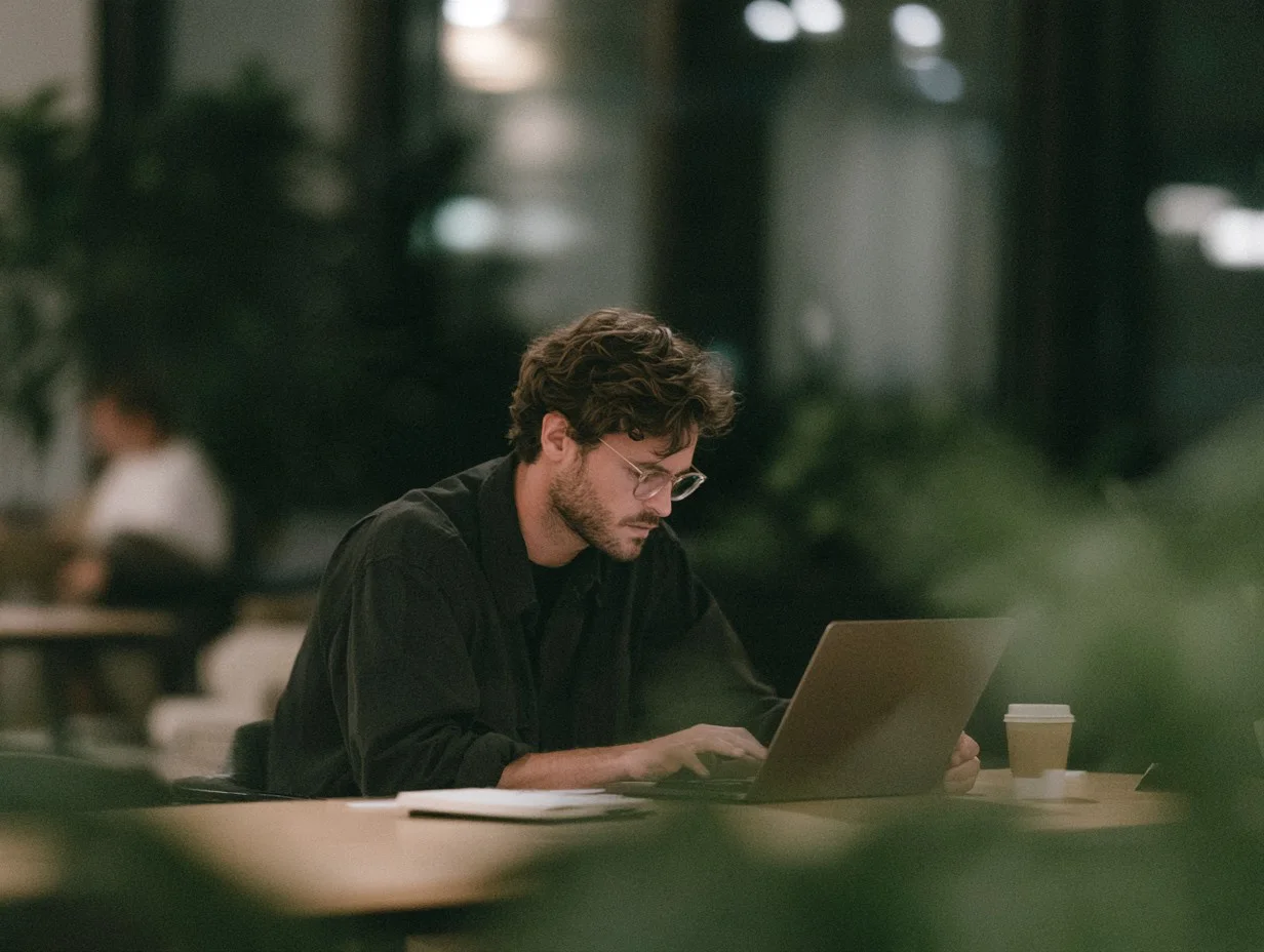 Man working on a laptop at a table surrounded by plants
