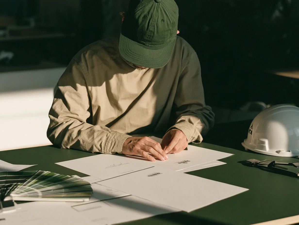 Person in a cap sketching on paper at a desk next to a hard hat