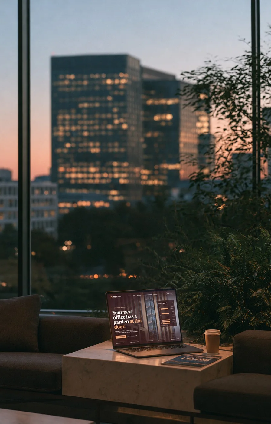 Laptop on a table in front of city office towers at dusk