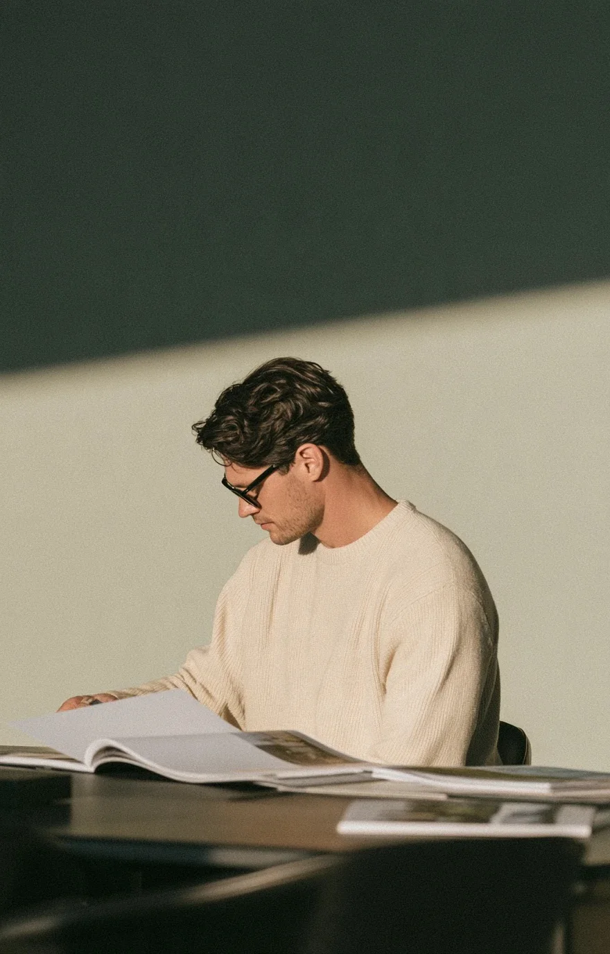 Man in glasses reading a printed brochure in a sunlit office