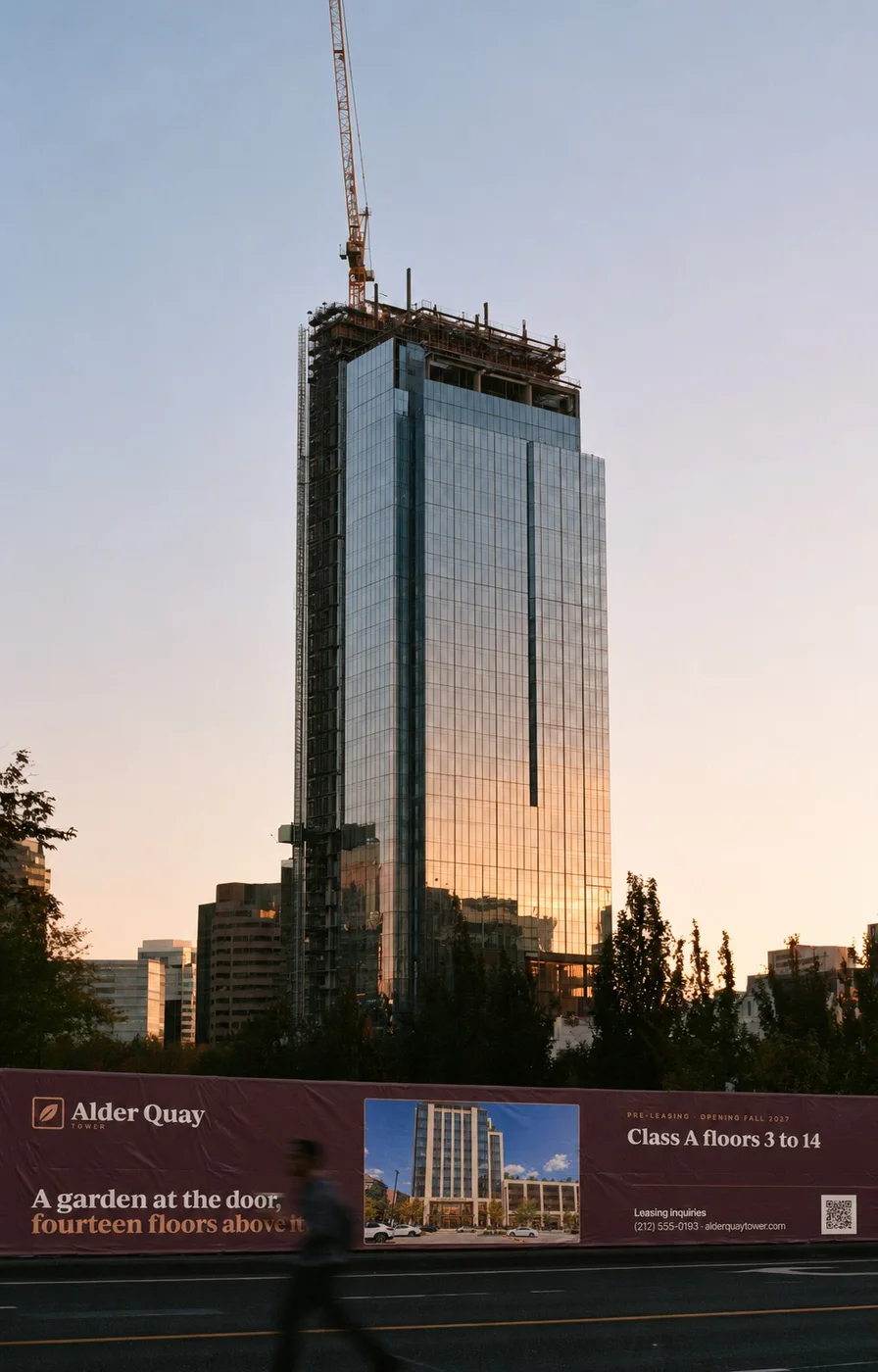 Office tower under construction with a branded fence wrap at street level