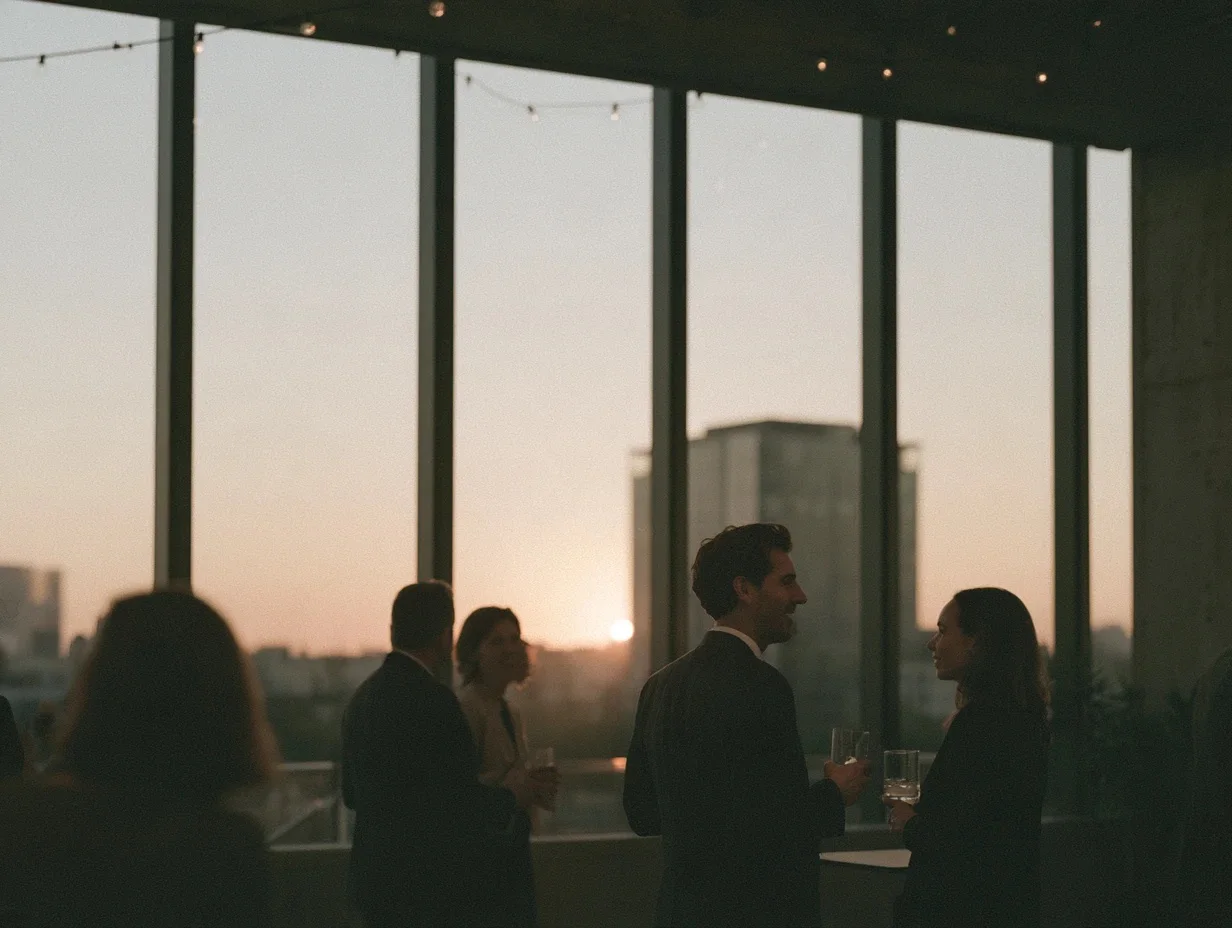 Group of people in business clothes talking by tall windows at sunset