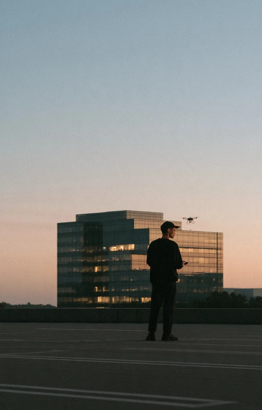 Person standing on a rooftop at dusk facing an office building