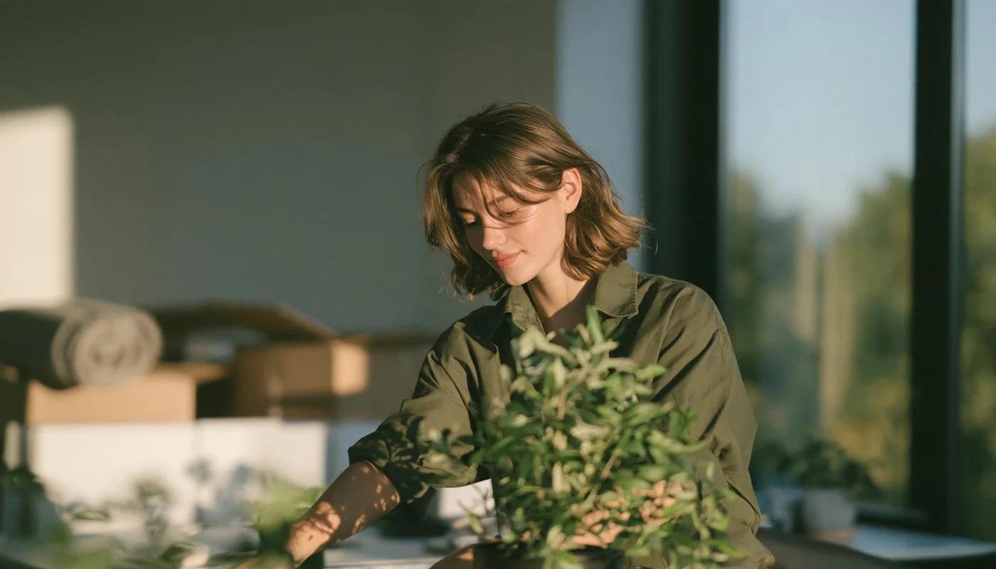 Woman arranging plants at a desk in a sunlit office