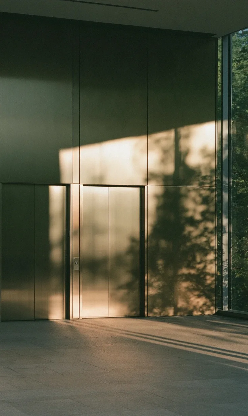 Sunlight falling across the floor of an empty glass lobby