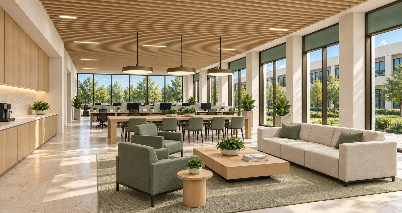 Rendering of a furnished office suite with lounge seating and an open workspace