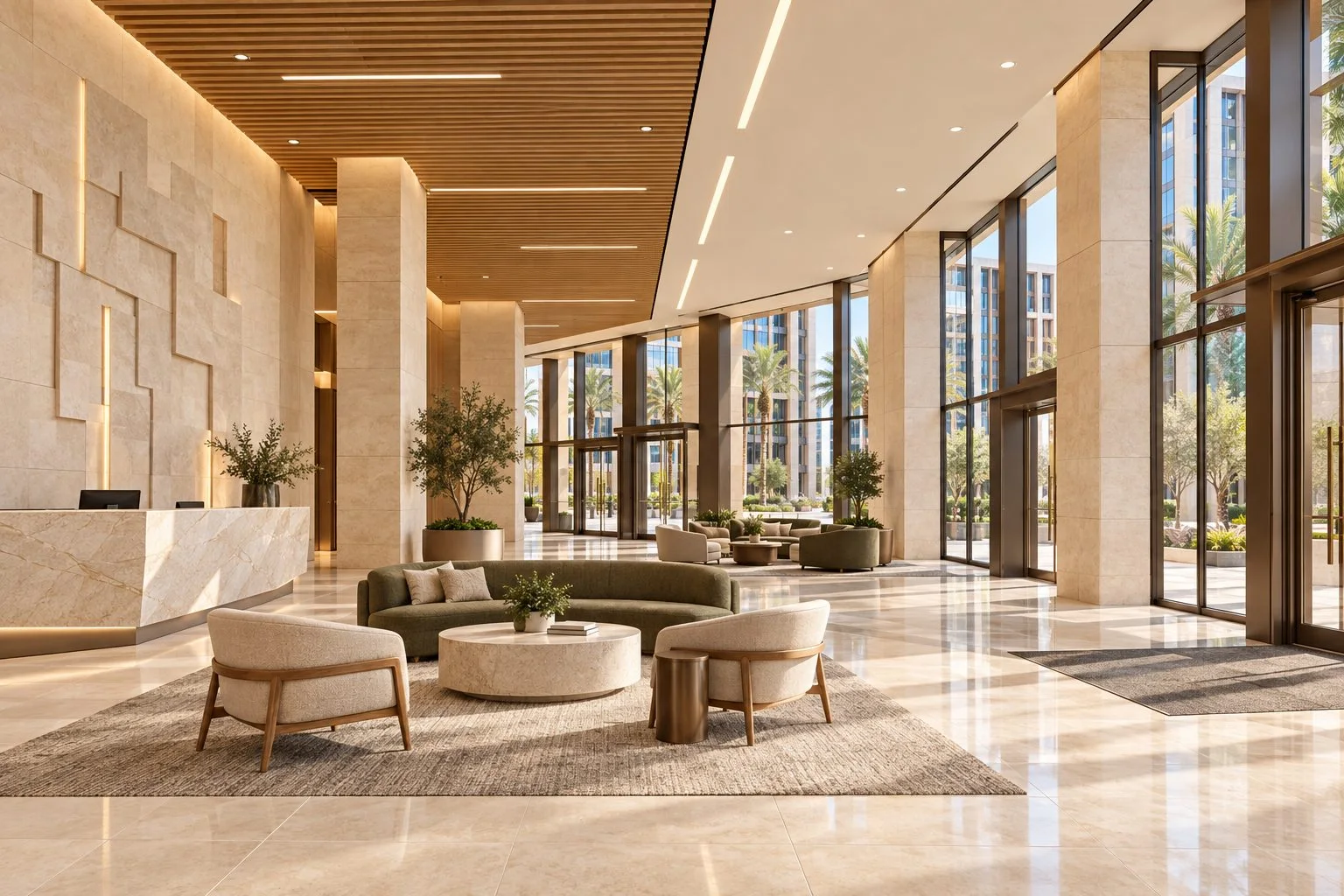 Rendering of an office lobby with lounge seating, stone floors and tall windows