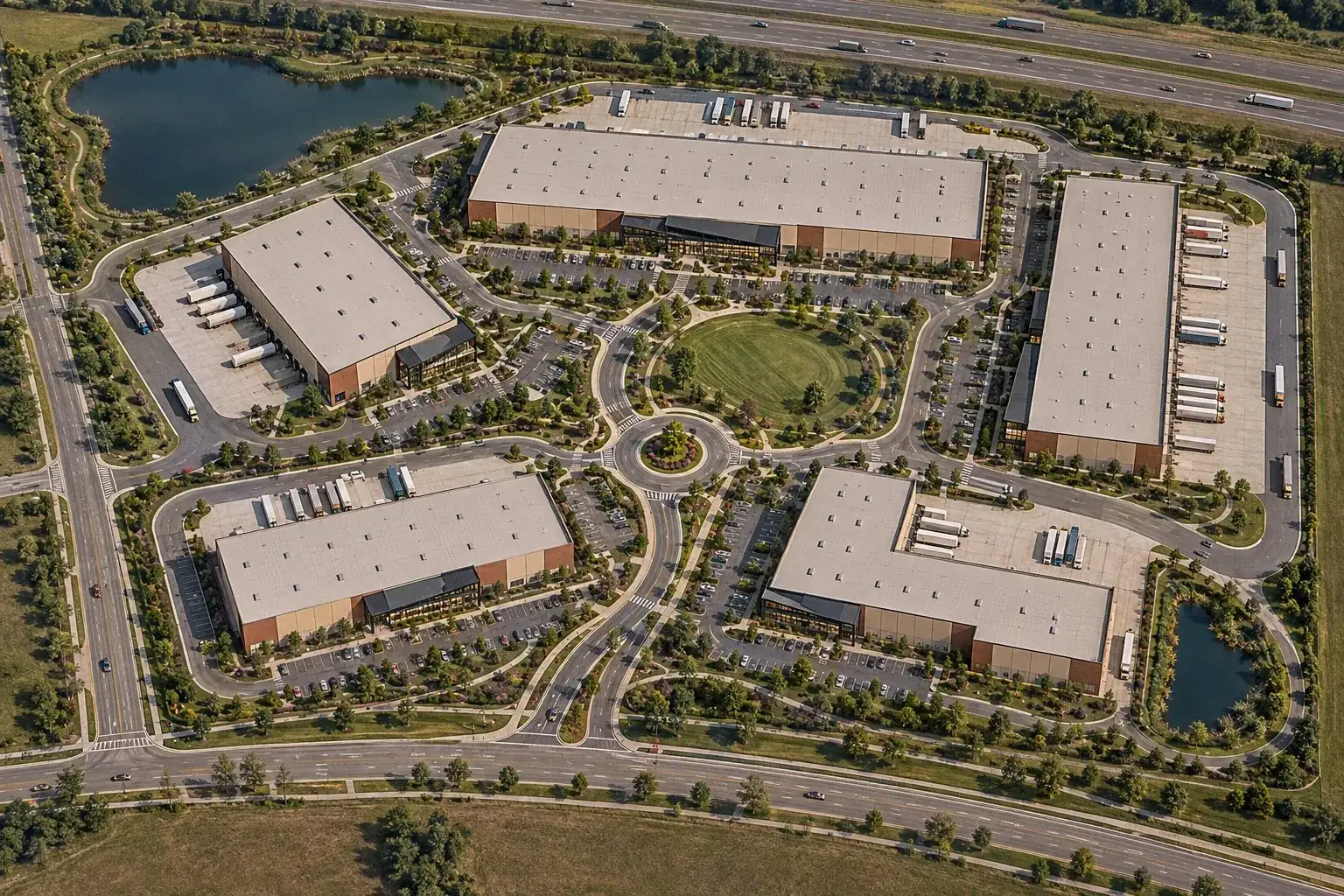 Aerial view of an industrial campus with several warehouse buildings, truck courts and a central green
