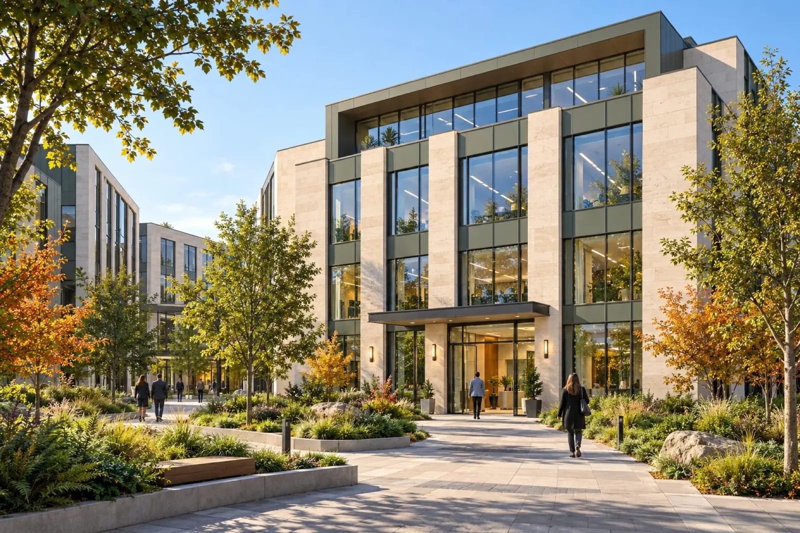 Photoreal rendering of an office building entrance with a landscaped walkway and trees