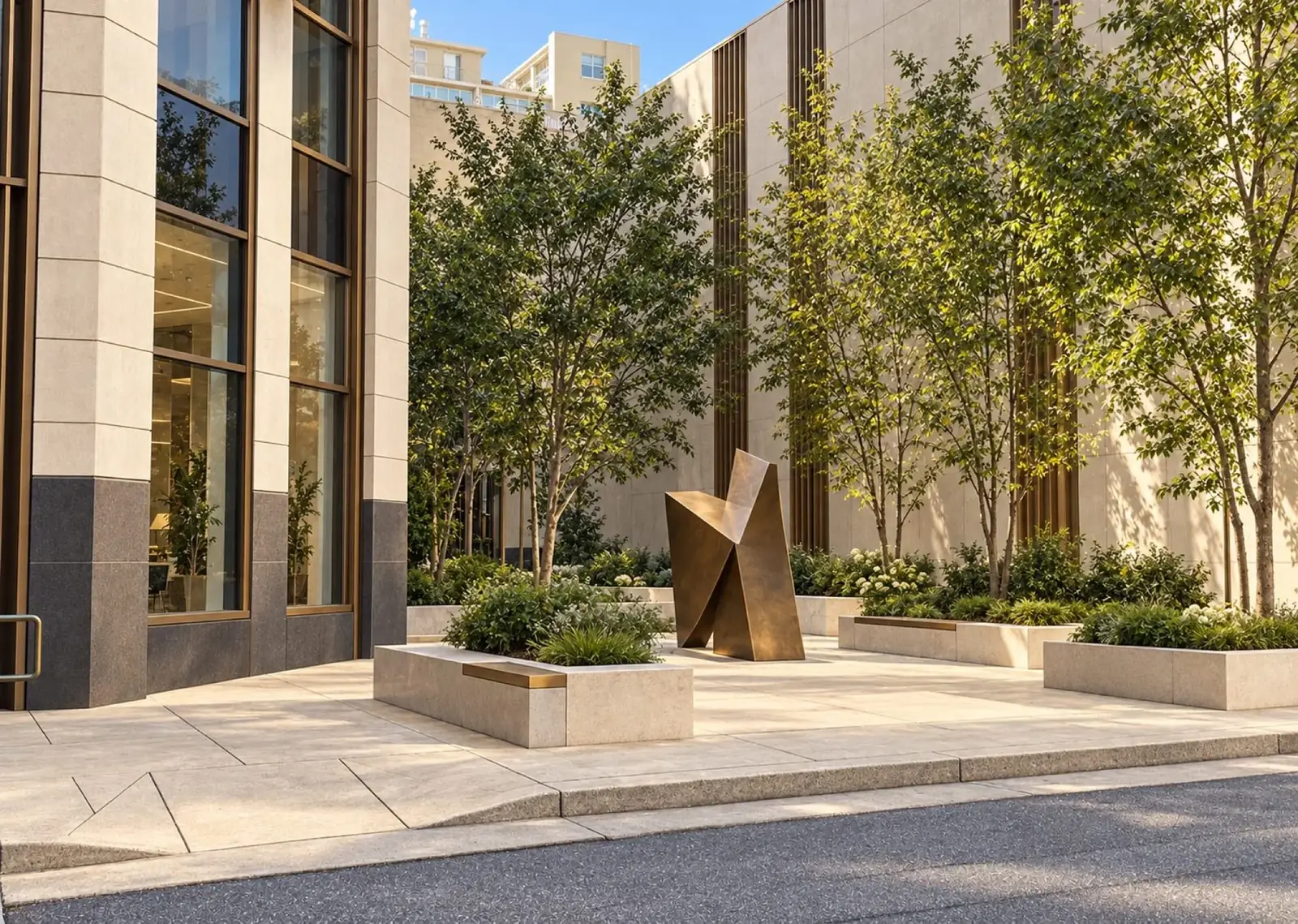 Rendering of an office plaza with a bronze sculpture, planters and stone paving