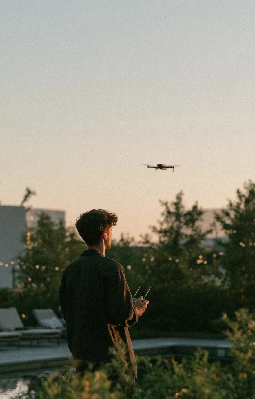 Man flying a drone over a pool deck at dusk