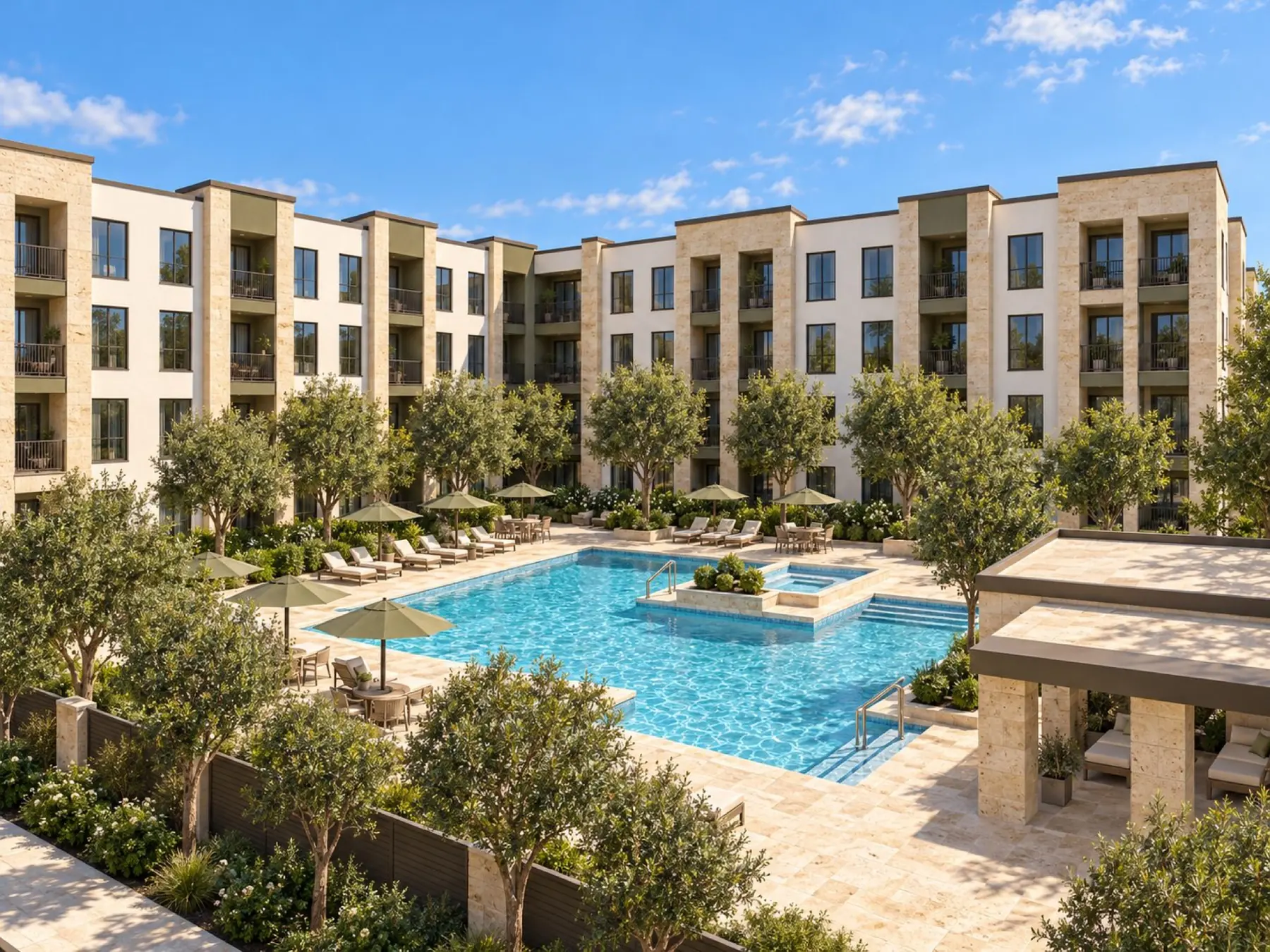 Elevated rendering of an apartment community pool with lounge chairs, umbrellas and a shaded cabana