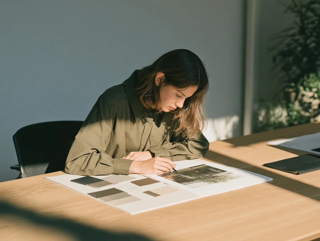 Woman sketching at a desk beside a board of material and finish samples