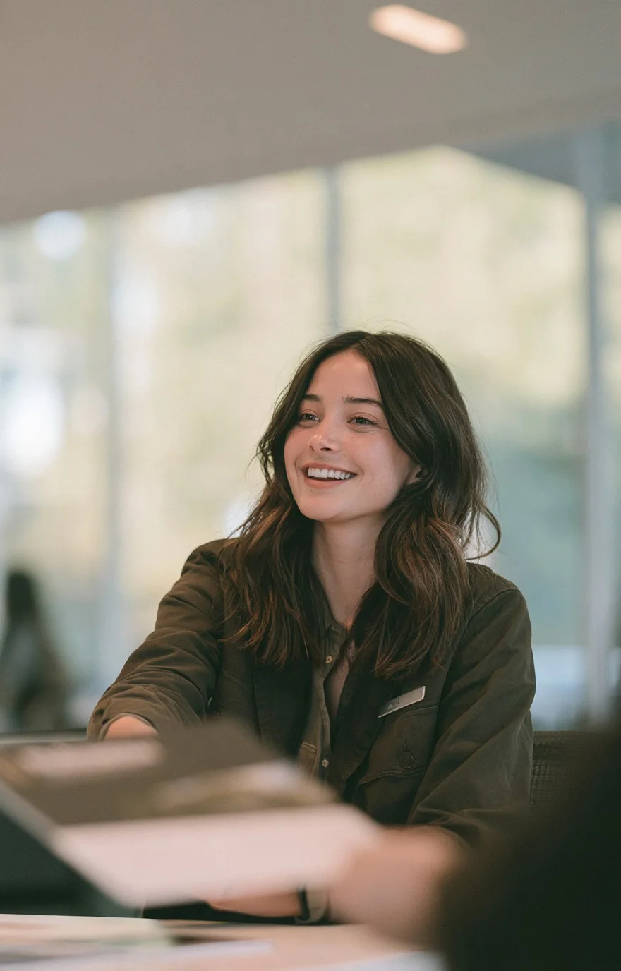 Smiling woman in an olive jacket seated at a table in a bright room