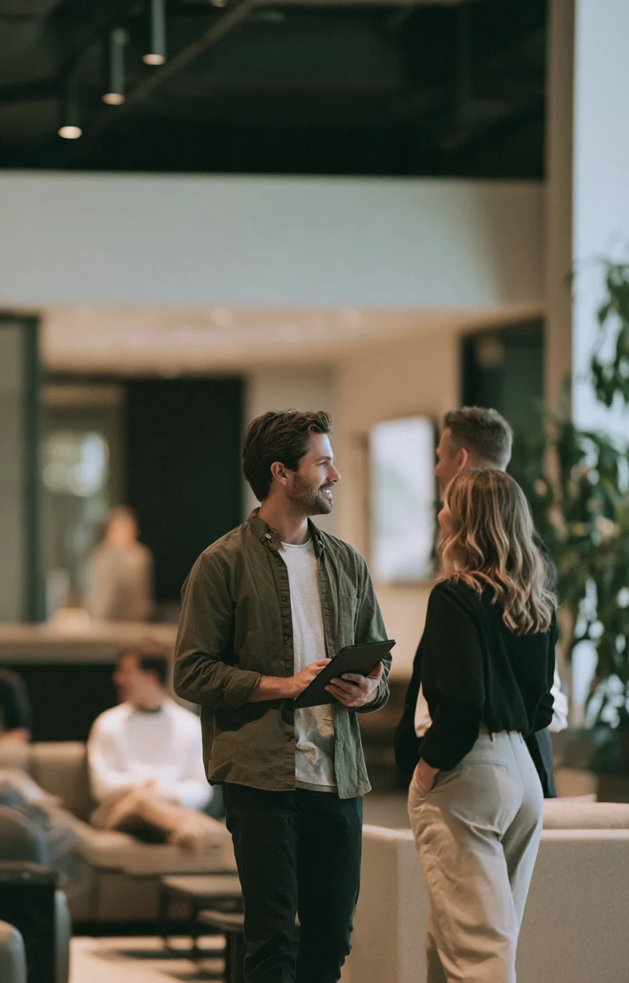 Man holding a tablet talking with a woman in an apartment lounge