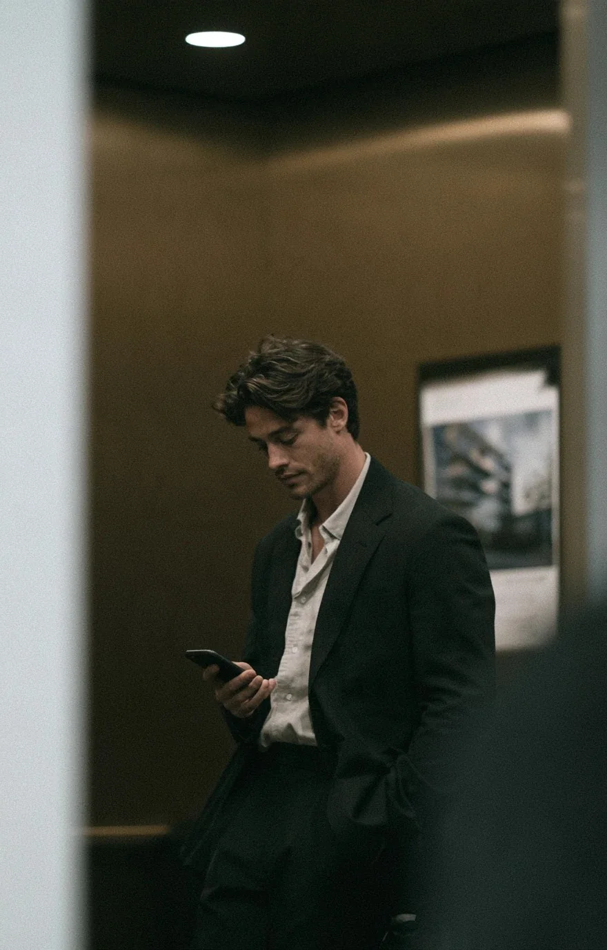 Man in a dark suit checking his phone in a hallway