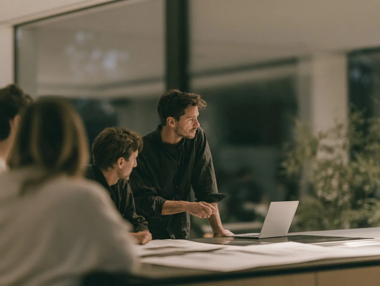 Three people reviewing plans and a laptop at a table