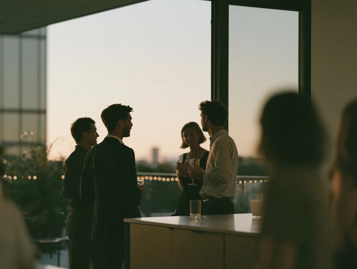 Group of people talking with drinks near tall windows at sunset