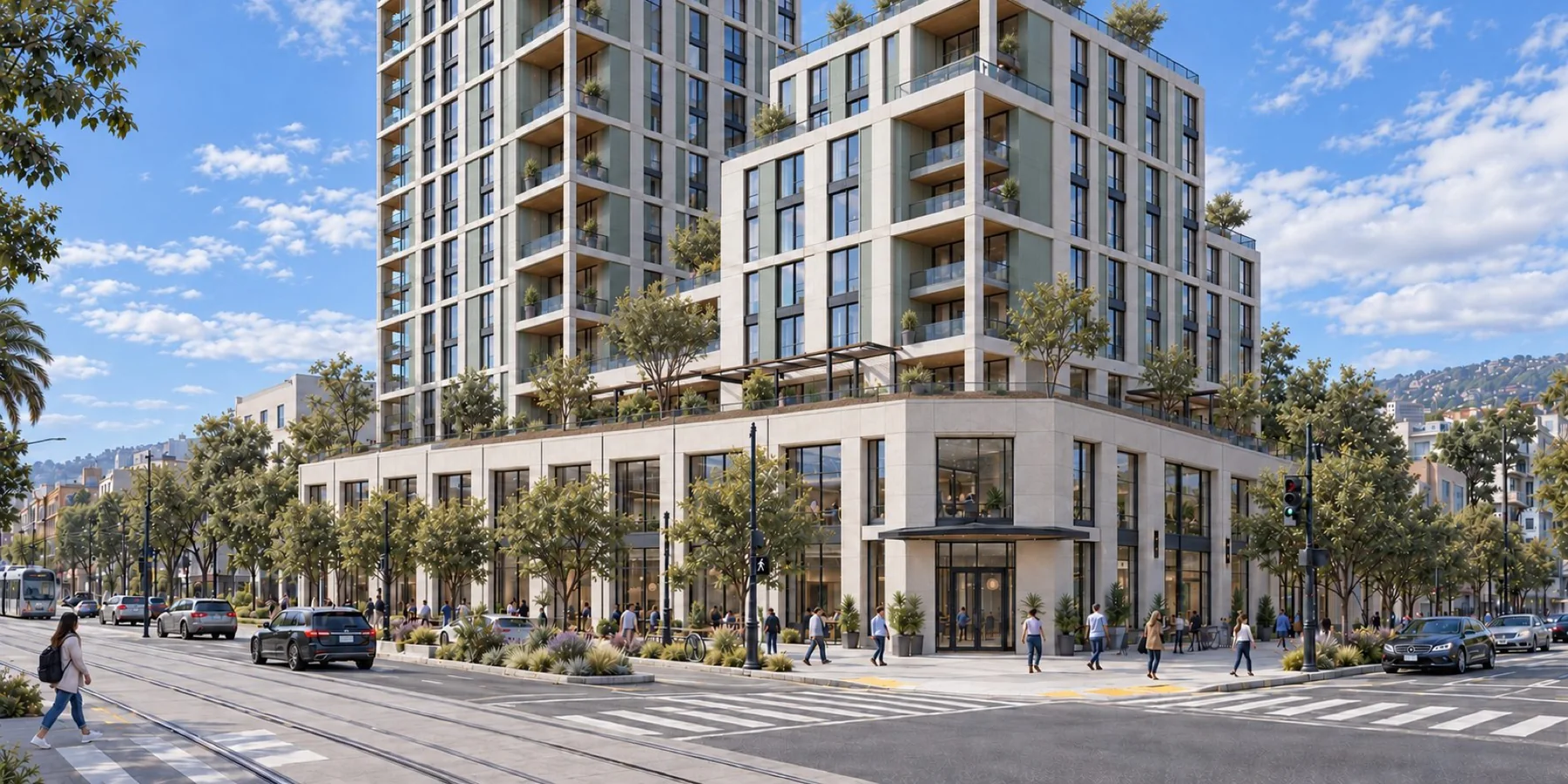 Photoreal rendering of a residential tower and midrise above street level shops with trees and pedestrians