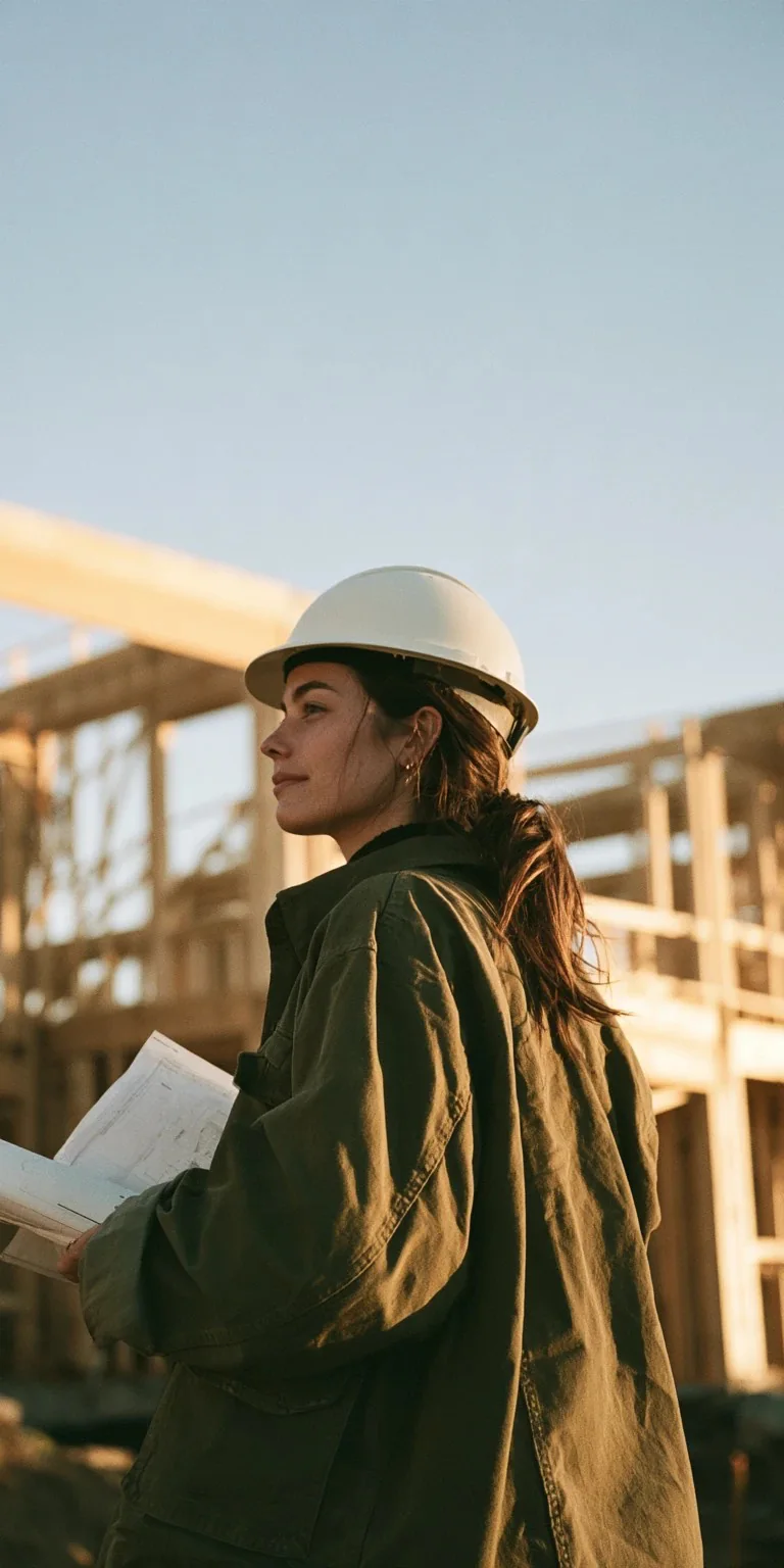 Woman in a white hard hat holding plans at a construction site