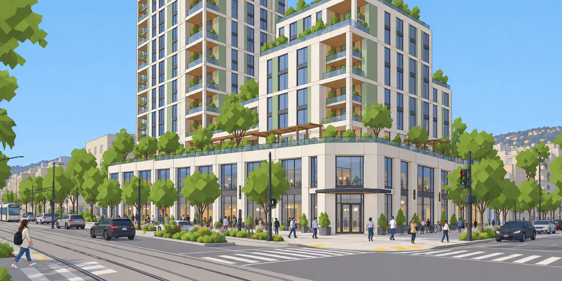 Basic, flat rendering of the same residential buildings with blocky trees and plain materials