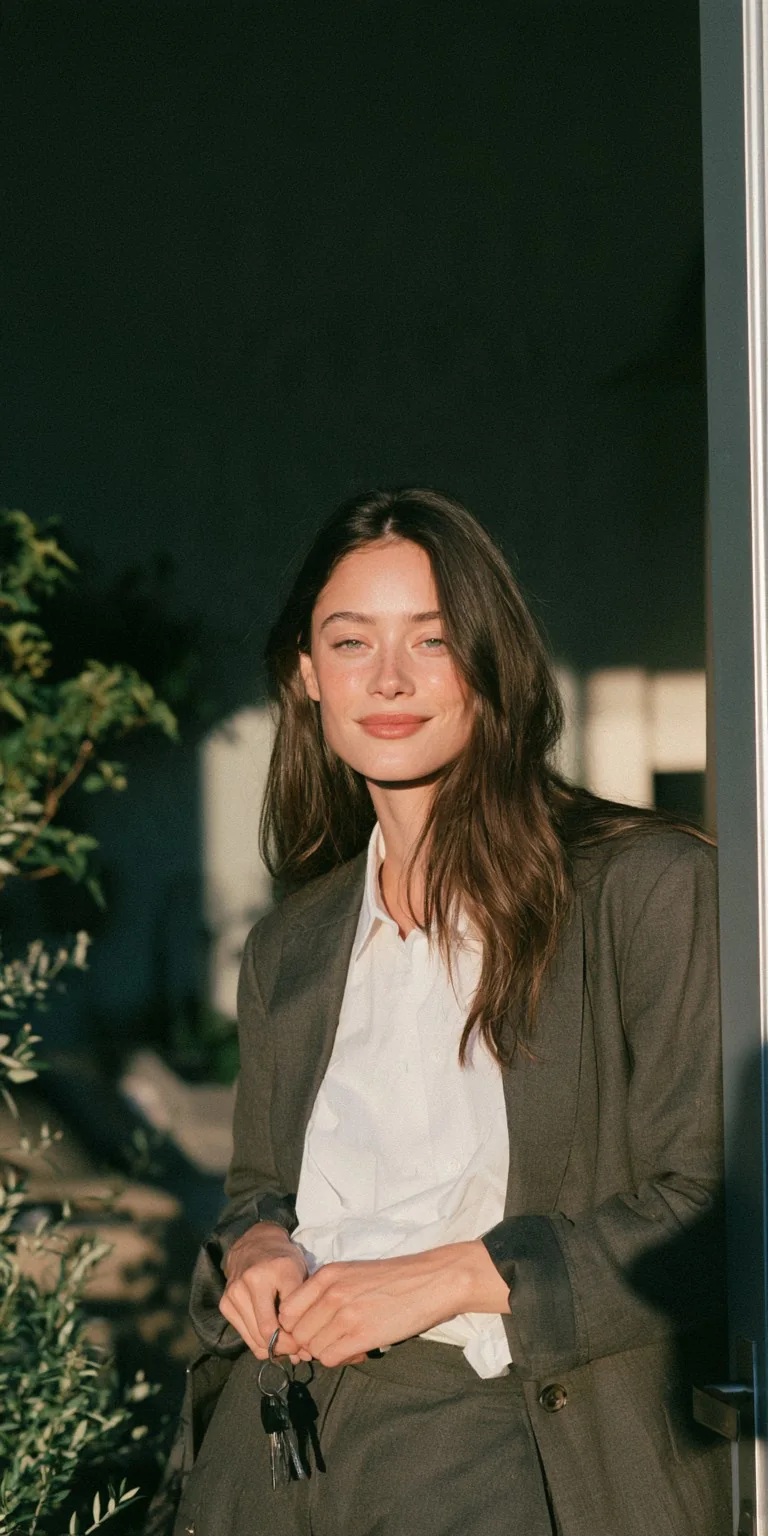 Woman in an olive suit holding a set of keys by a window