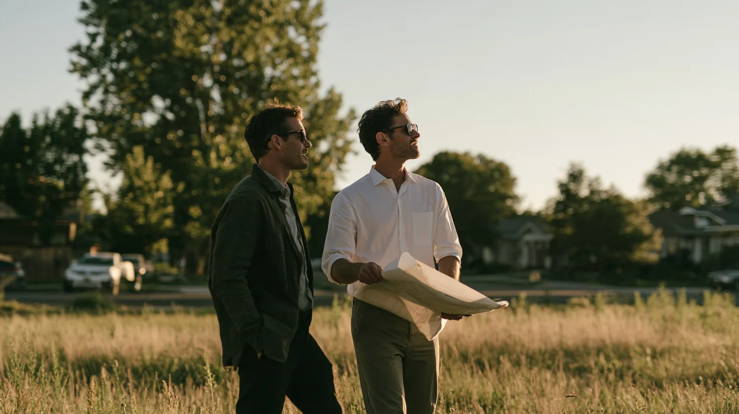 Two men standing in a grassy field at sunset, one holding rolled plans