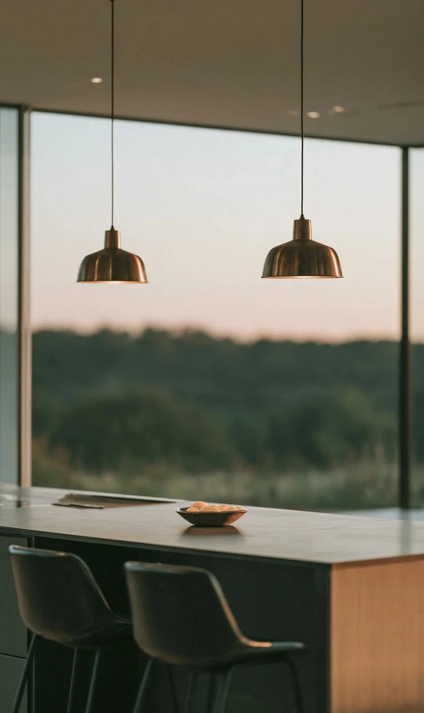 Kitchen island with bar stools under brass pendant lights in front of a window at dusk