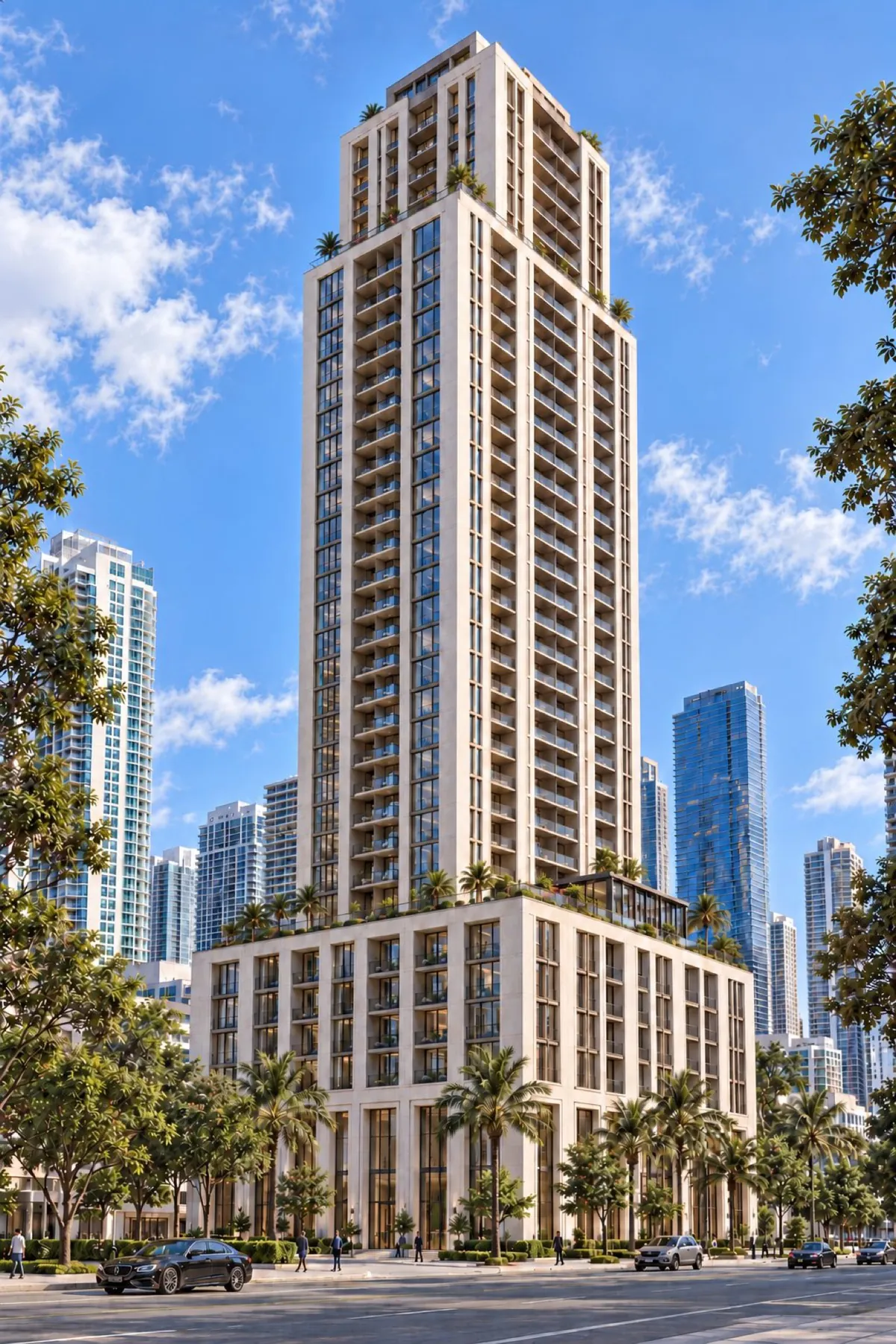 Rendering of a tall residential tower with palm trees on a downtown street