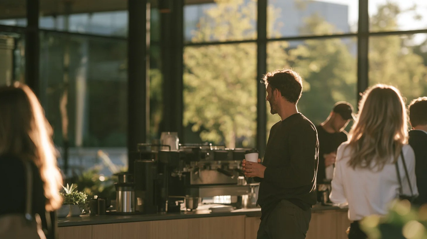People ordering at a coffee bar in a sunlit lobby