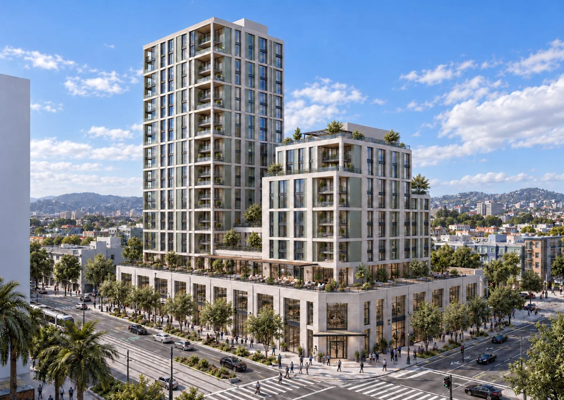Aerial rendering of a residential tower and terraced midrise above a busy street corner