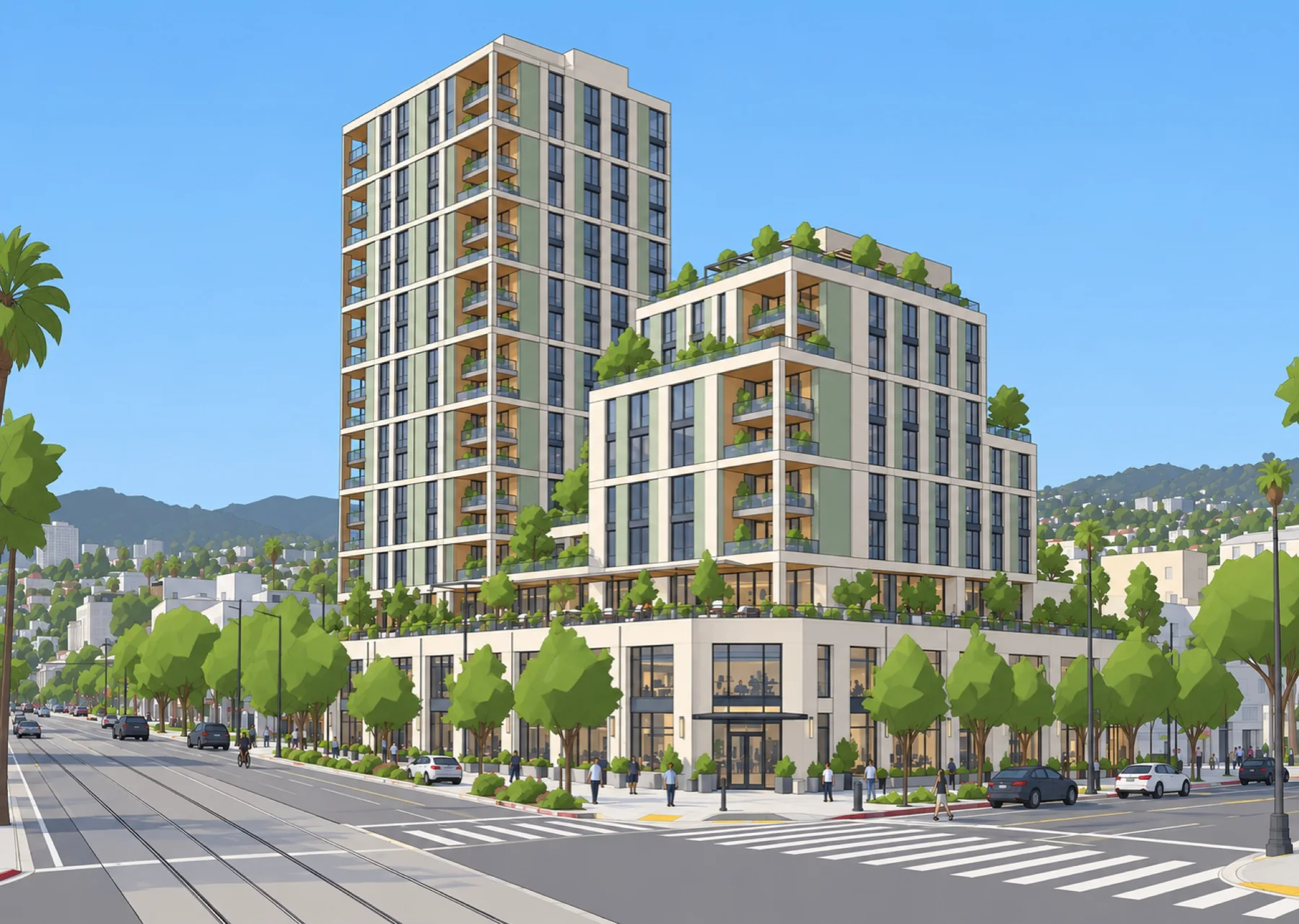Flat, basic rendering of two residential towers with simple trees