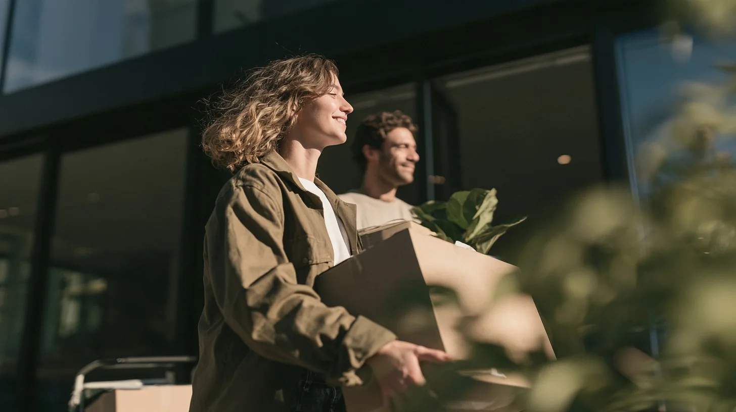 Smiling woman carrying a moving box with a man behind her