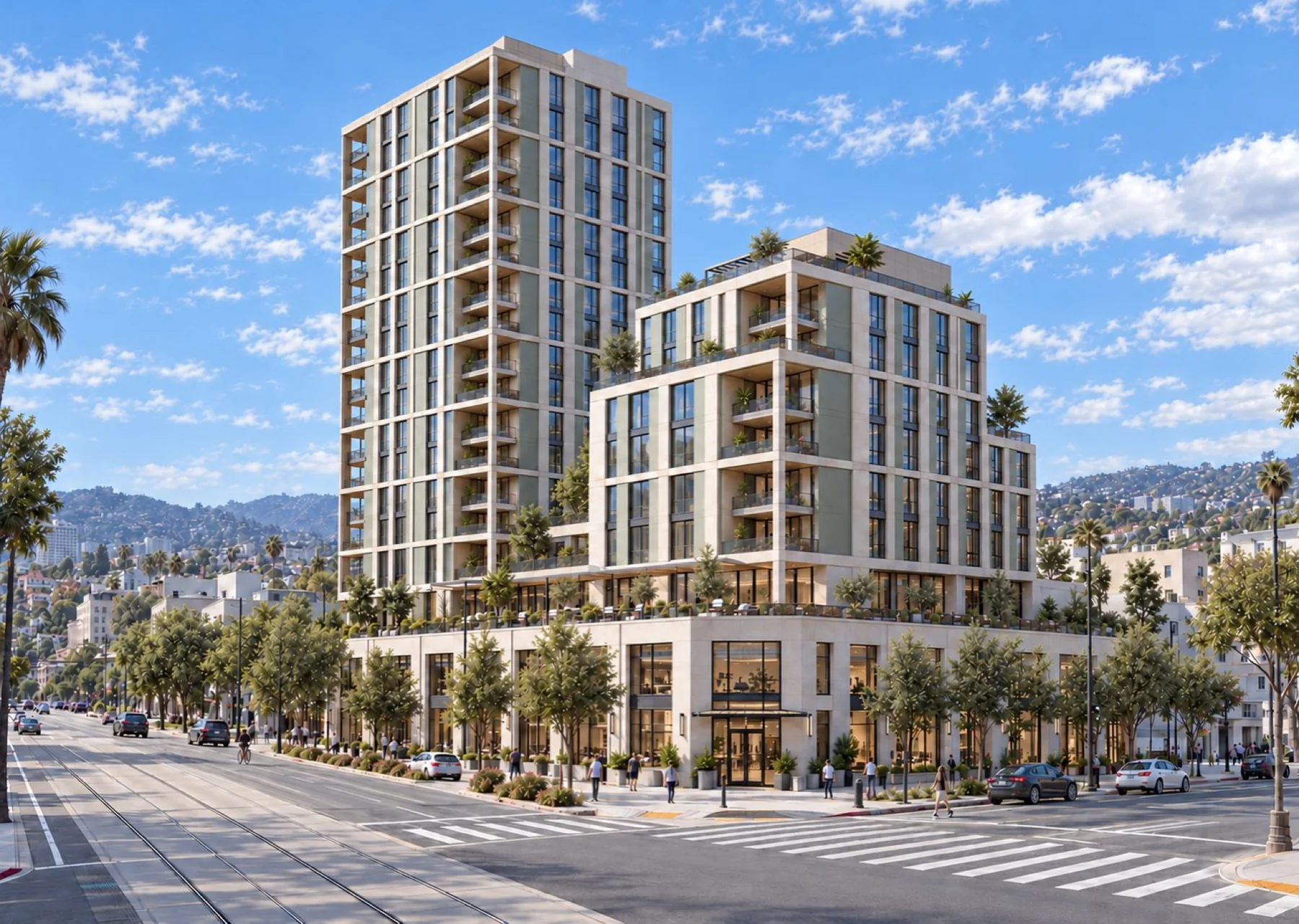 Detailed rendering of the same residential towers with landscaping, palms and hills behind