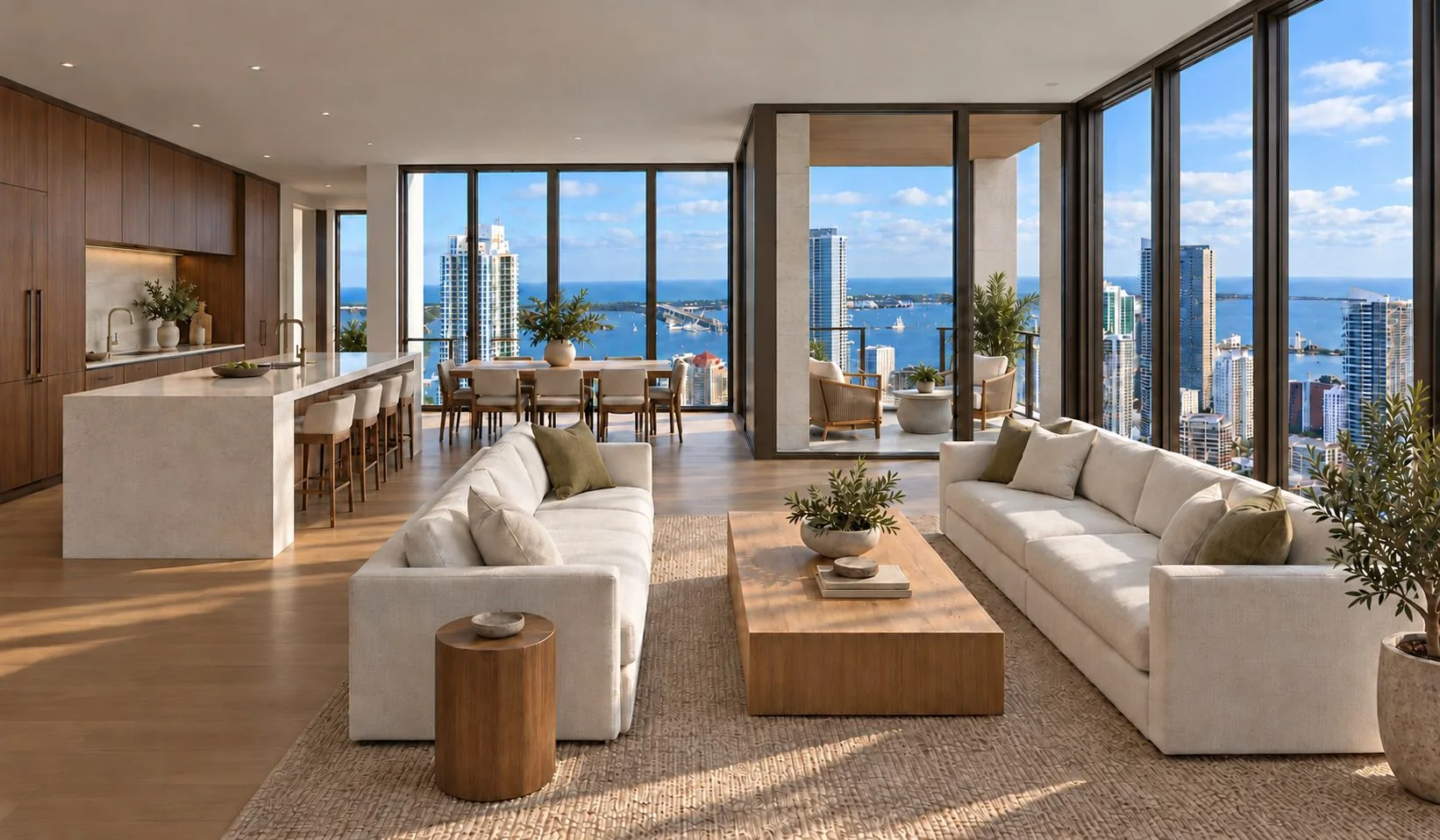 Rendering of a condo living room with white sofas and floor to ceiling windows over the bay
