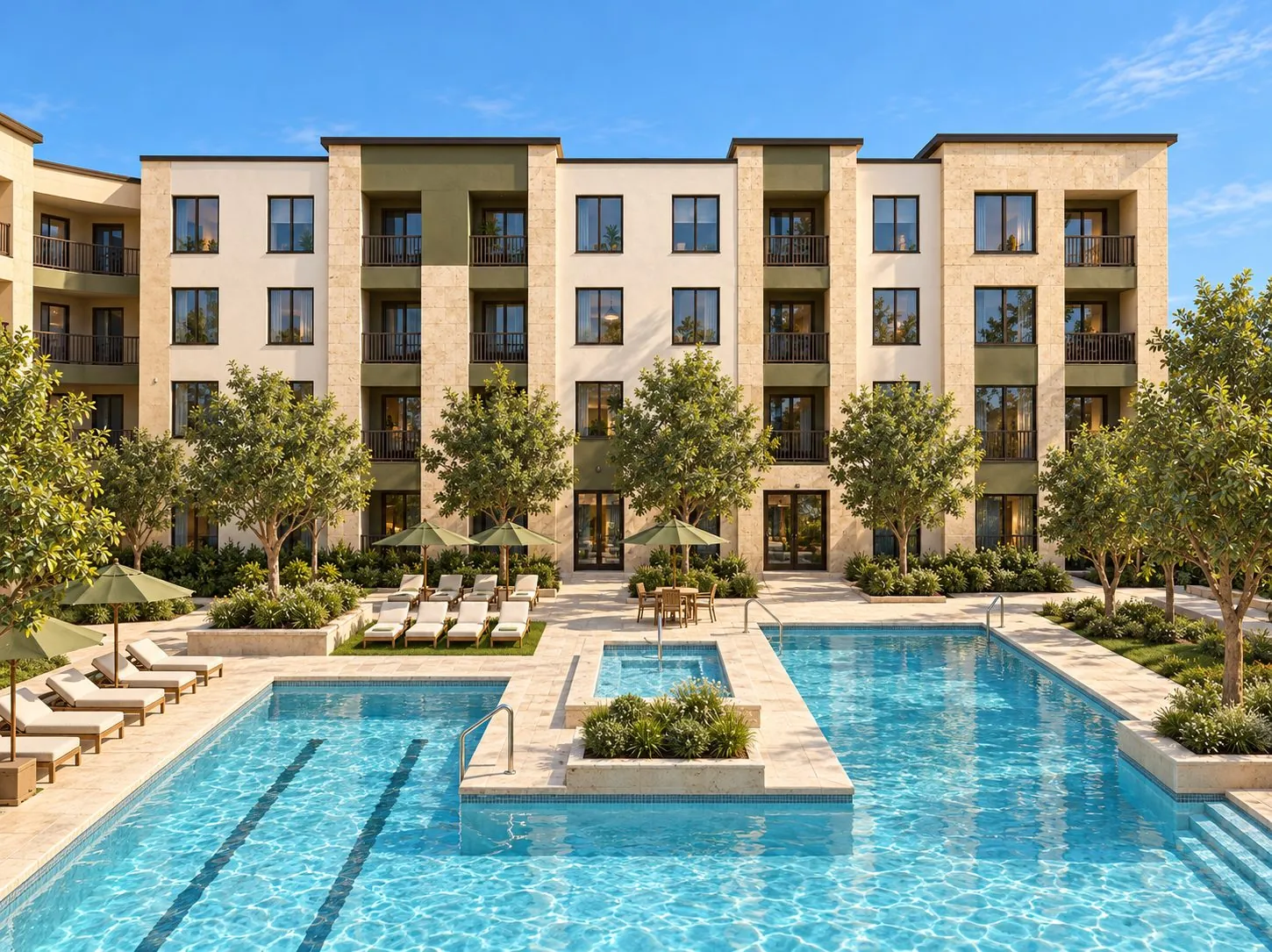 Rendering of an apartment pool with a sun shelf and lounge chairs between four story buildings