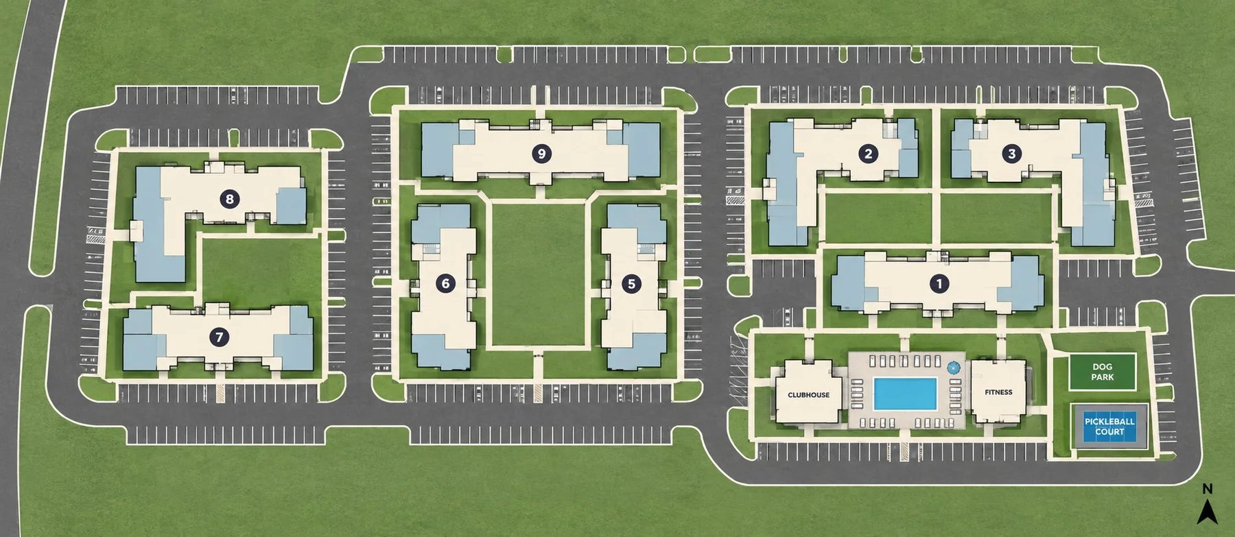Labeled site plan of an apartment community with numbered buildings, parking and a pool
