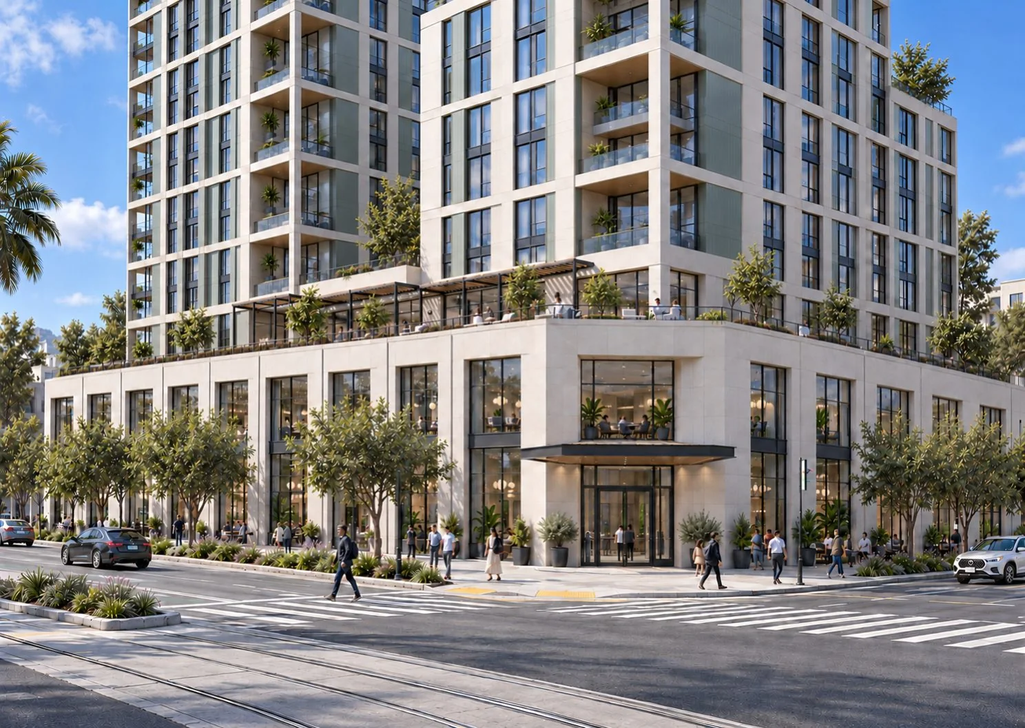 Rendering of a residential tower base with a corner entrance and street level shops