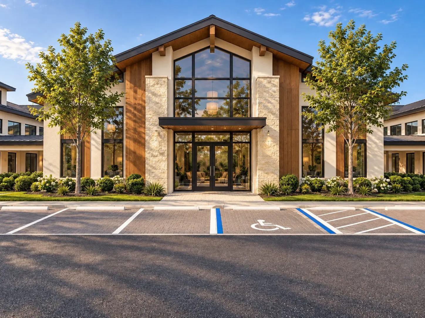 Rendering of an apartment clubhouse entrance with a tall glass gable and wood accents