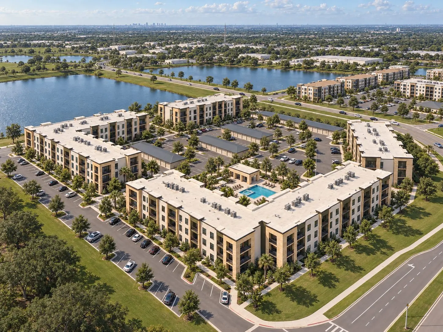 Aerial rendering of an apartment community beside a lake with a courtyard pool