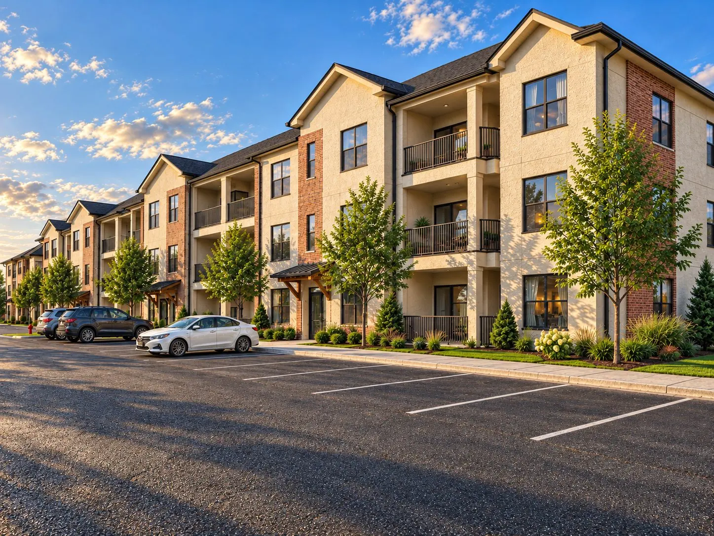 Rendering of brick and stone apartment buildings at golden hour with parked cars